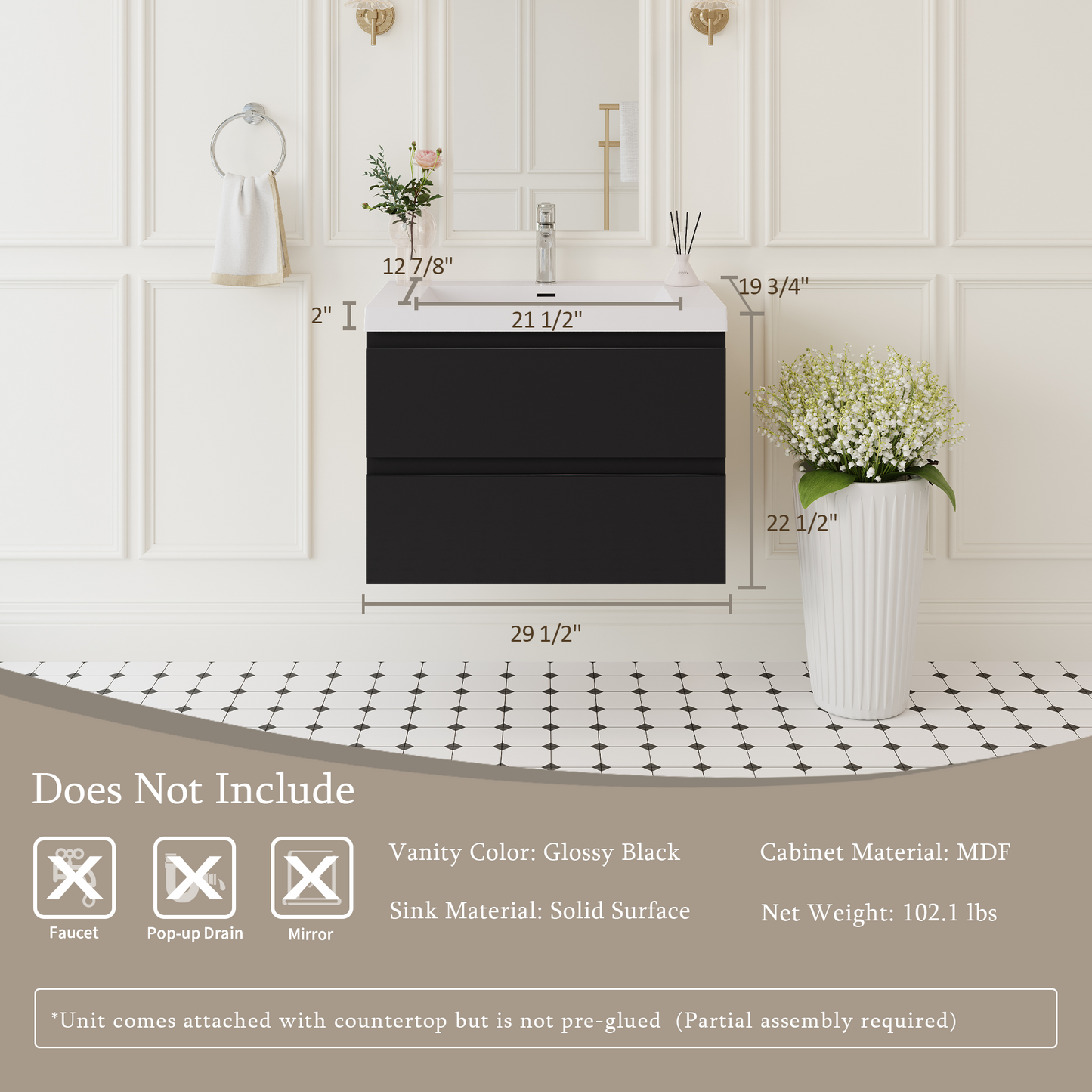 30" Angela - Floating Bathroom Vanity Glossy Black
