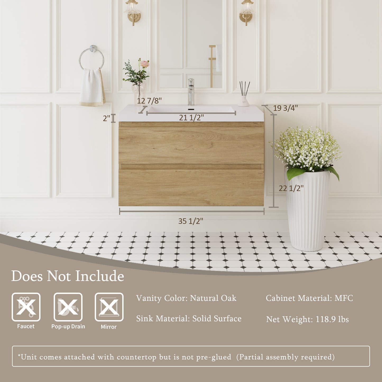 36" Angela - Floating Bathroom Vanity Natural Oak