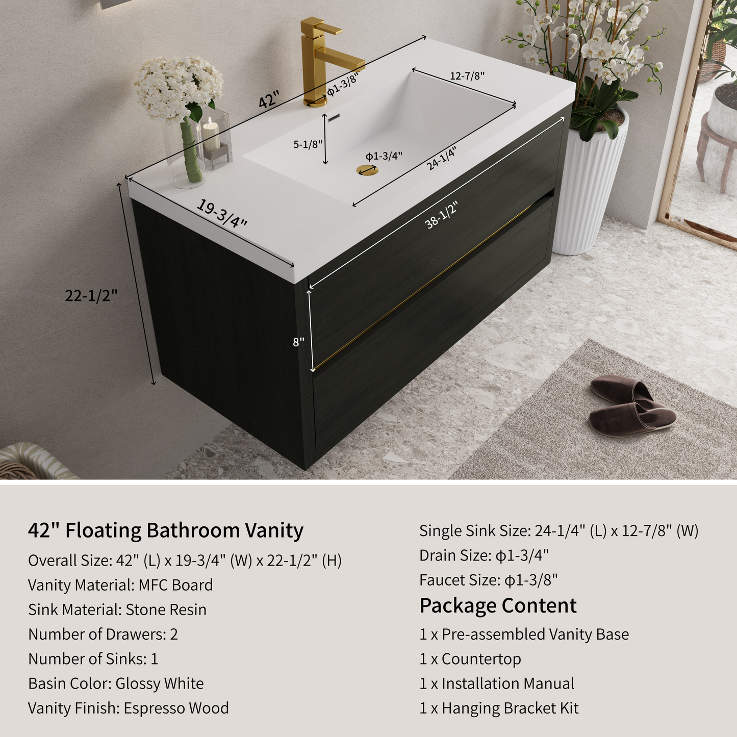 42" Aurelia - Floating Bathroom Vanity Espresso Wood
