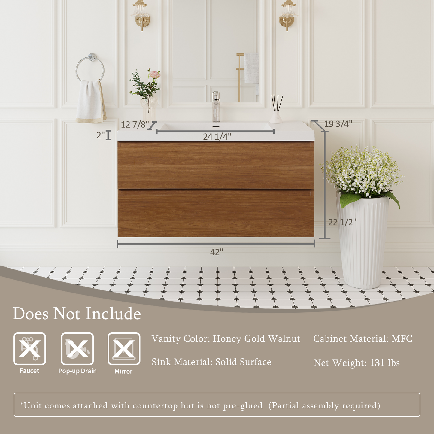 42" Angela - Floating Bathroom Vanity Honey Gold Walnut