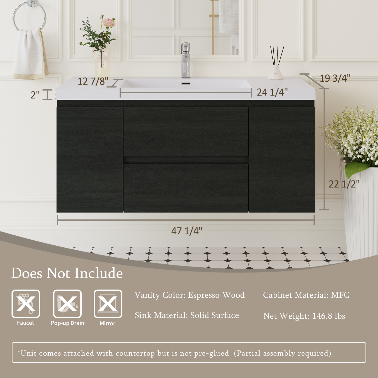 48" Angela - Floating Bathroom Vanity Espresso Wood