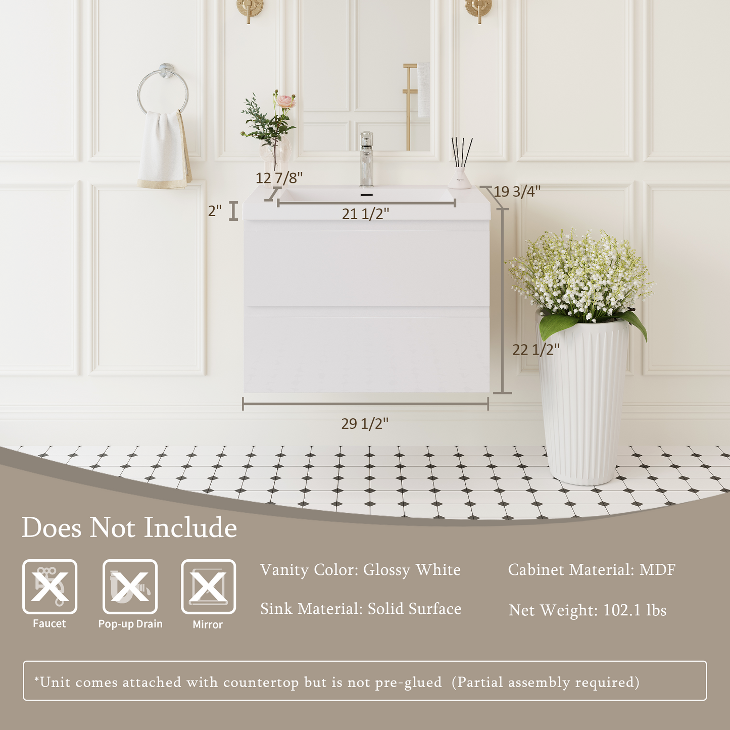 30" Angela - Floating Bathroom Vanity Glossy White