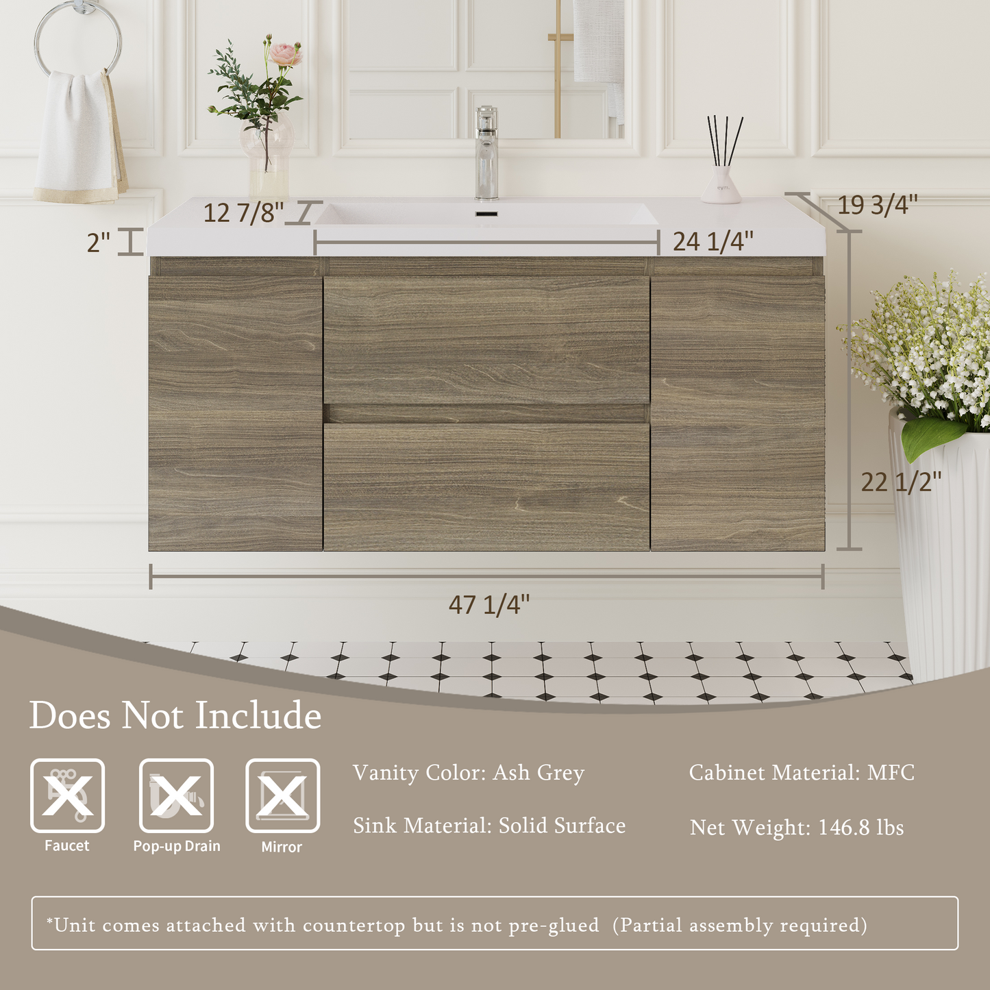 48" Angela - Floating Bathroom Vanity Ash Grey