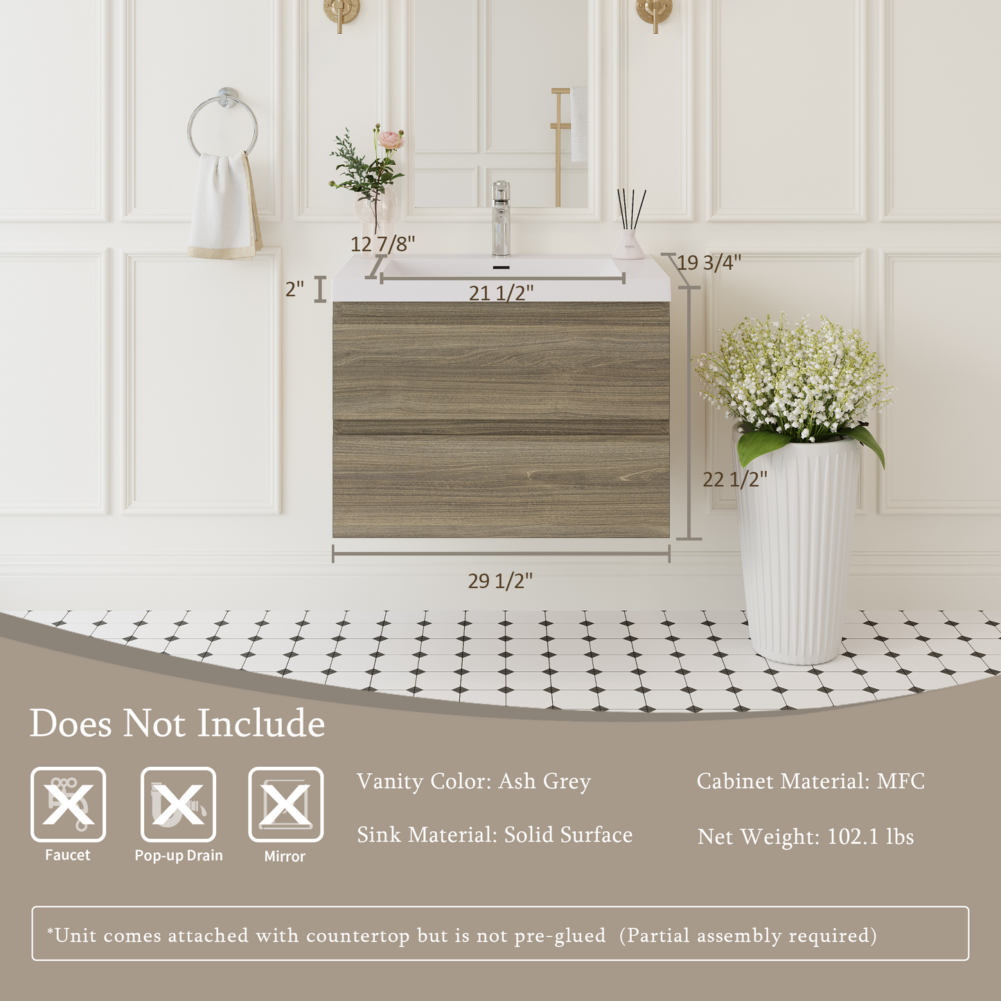 30" Angela - Floating Bathroom Vanity Ash Grey