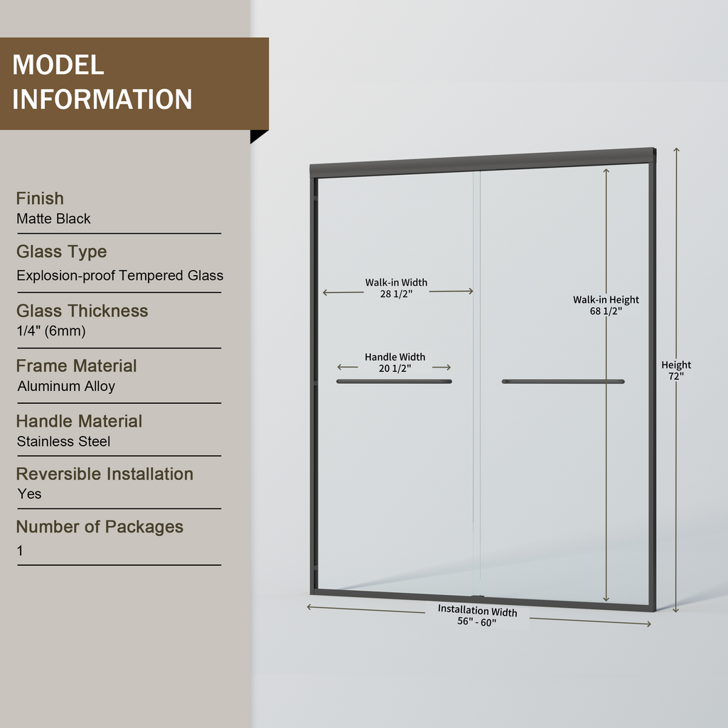 56–60" Double Sliding Shower Door, Semi-Frameless Bypass, 1/4" Tempered Glass, Matte Black