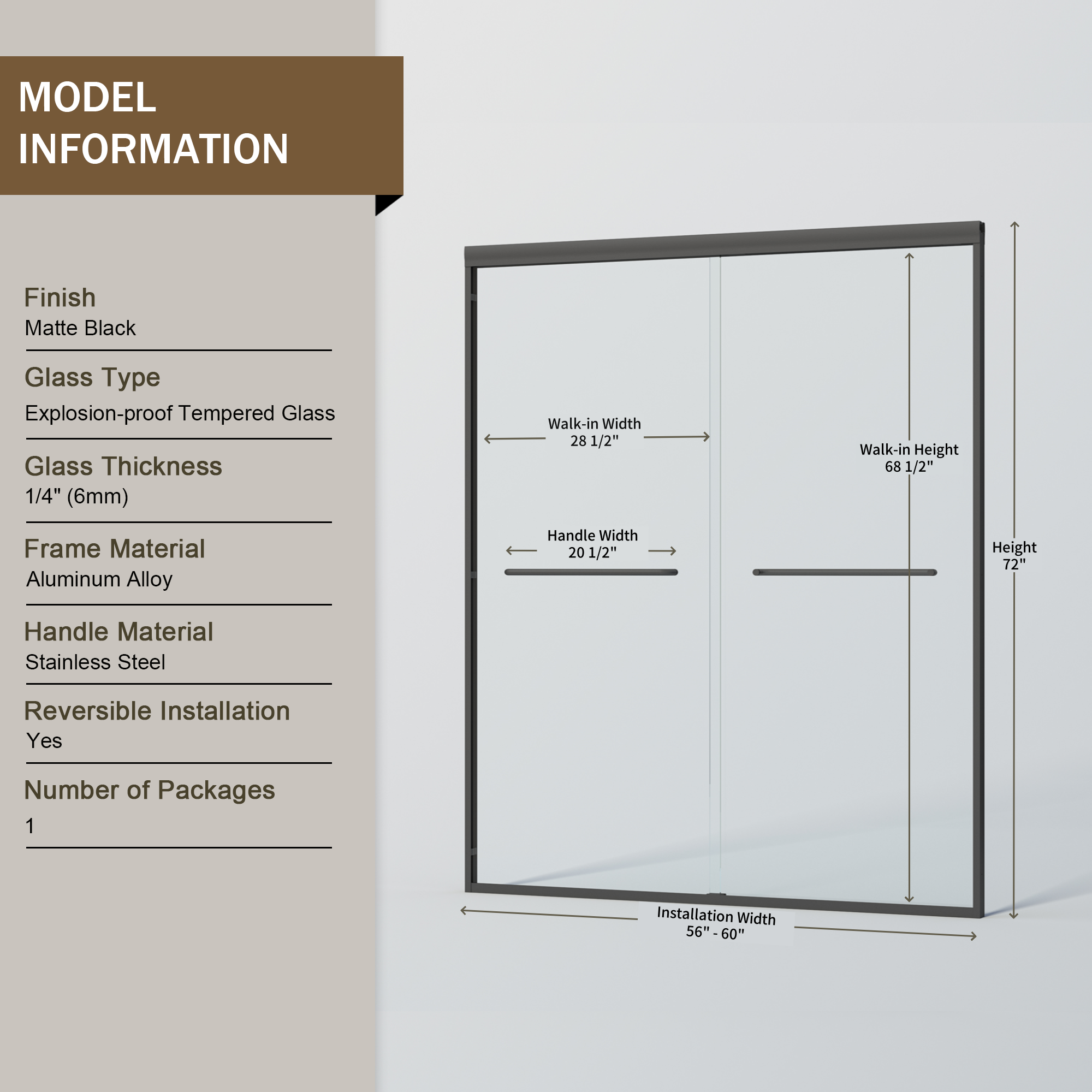 56–60" Double Sliding Shower Door, Semi-Frameless Bypass, 1/4" Tempered Glass, Matte Black