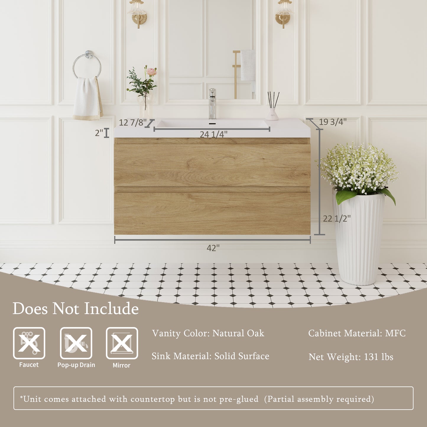 42" Angela - Floating Bathroom Vanity Natural Oak