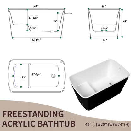 49" Acrylic Freestanding Japanese Soaking Tub, Glossy Black