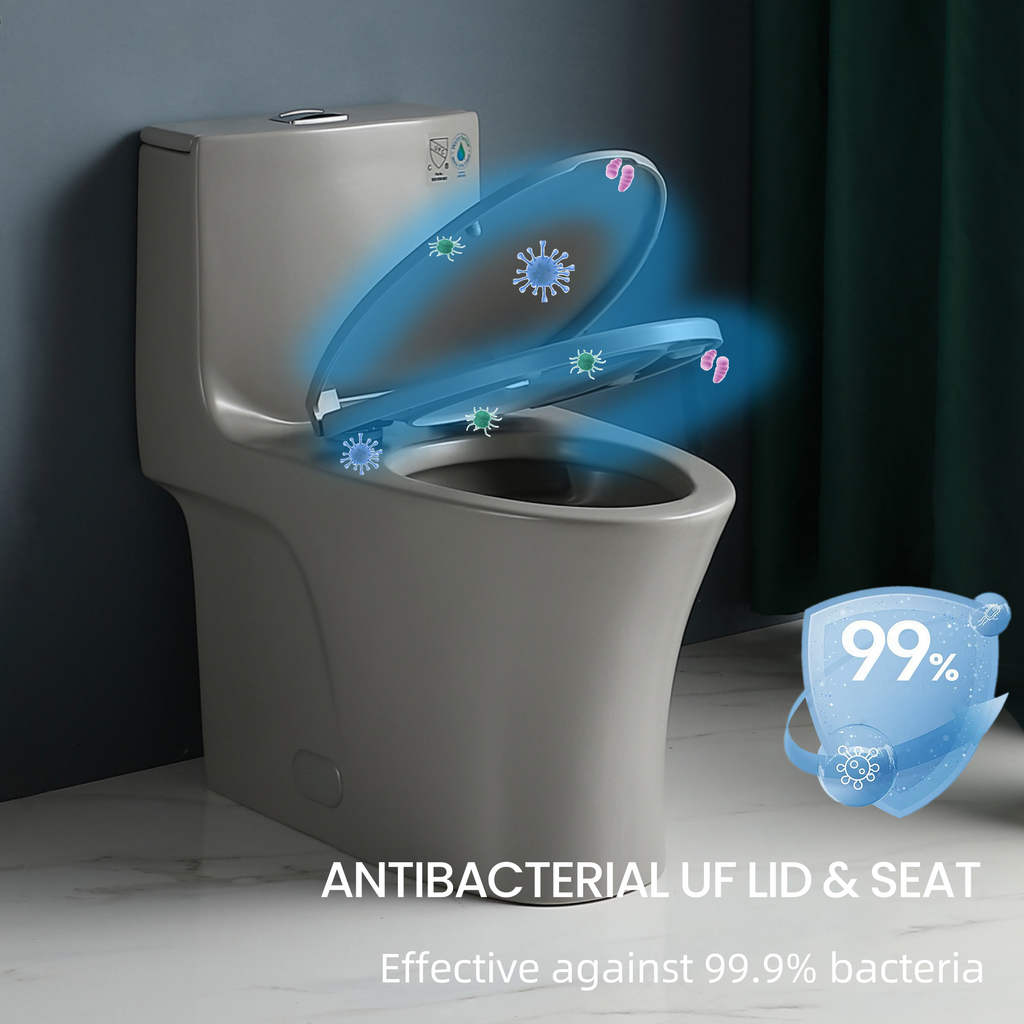 Ceramic One-Piece Toilet, Dual-Flush 1.1/1.6 GPF, Comfort Height Elongated Bowl, Soft-Close Seat, Light Grey