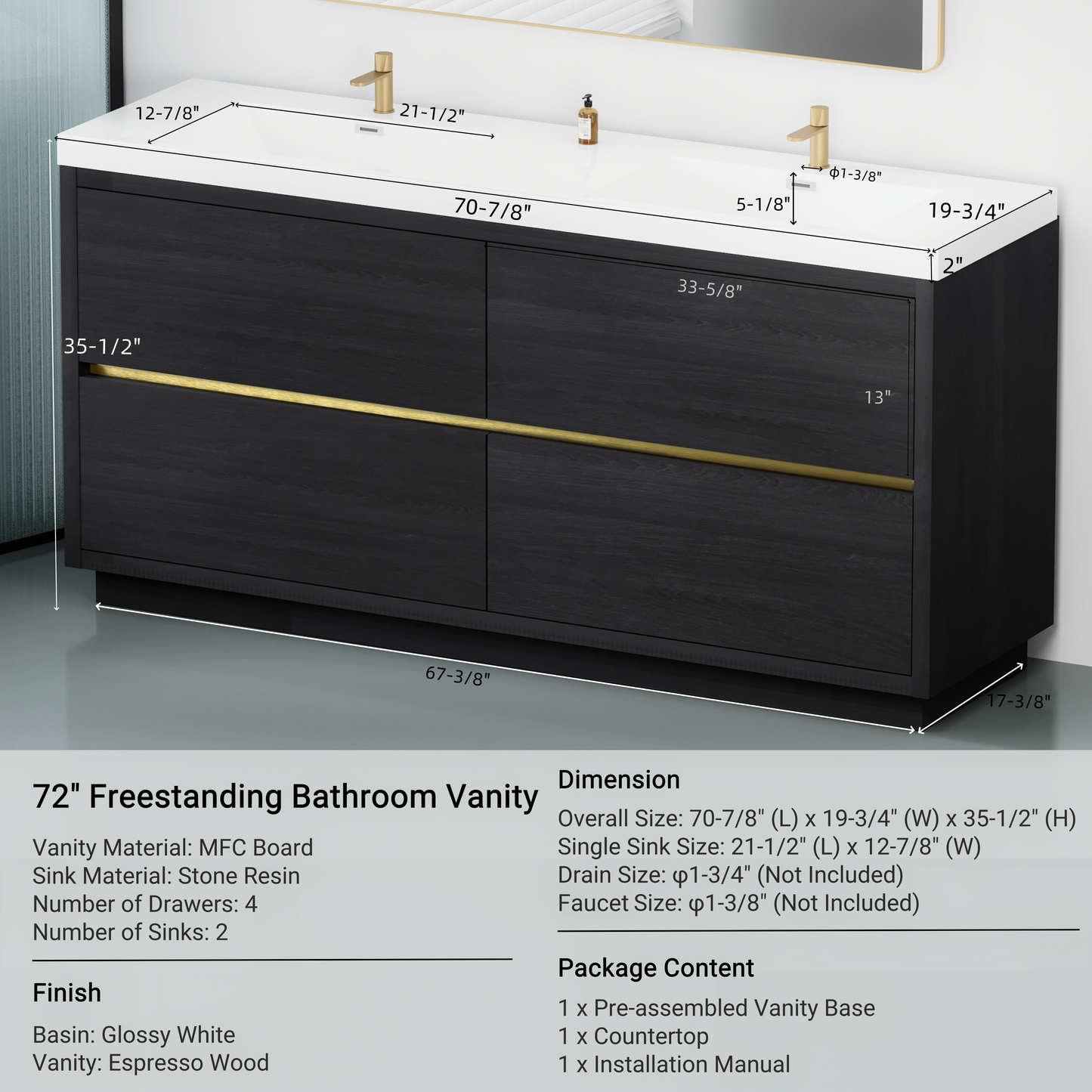 72" Aurelia - Freestanding Bathroom Vanity Espresso Wood