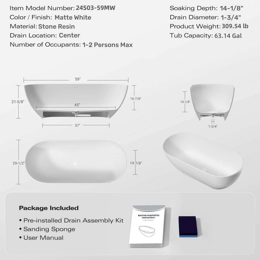 59" Freestanding Solid Surface Bathtub, Luxury Stone Resin Soaking Tub, Overflow & Drain, Matte White
