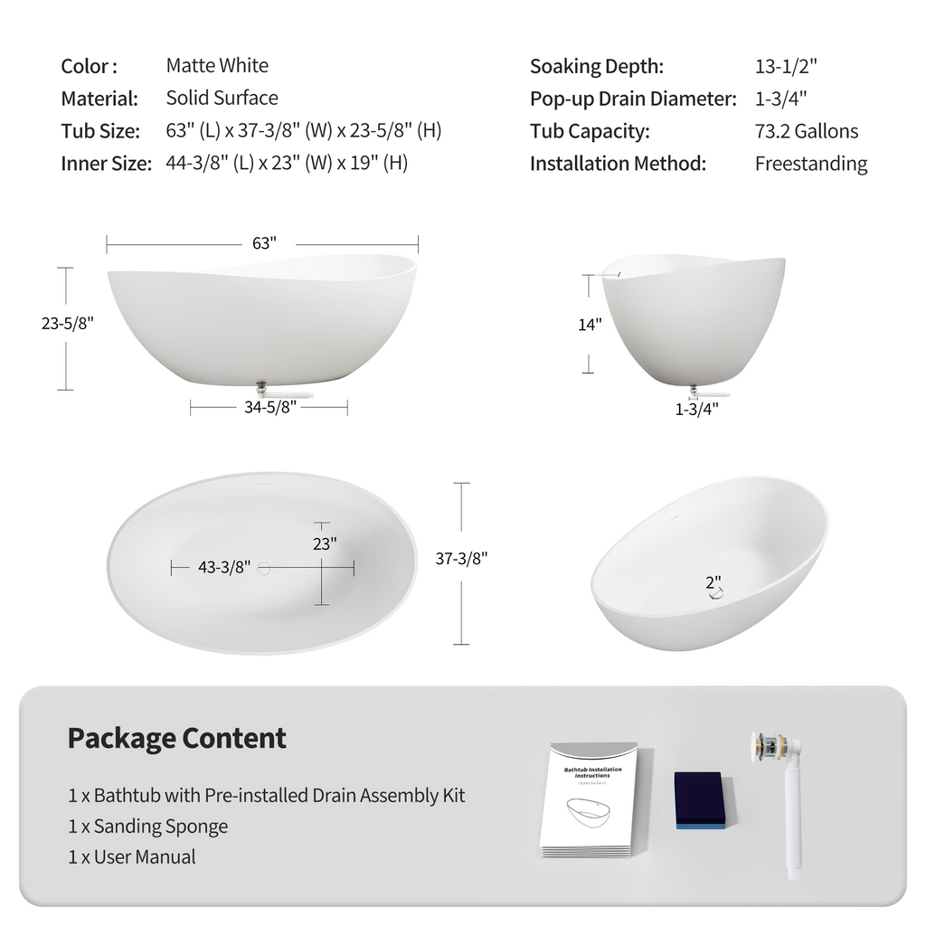 63" Freestanding Solid Surface Bathtub, Engineered Stone Resin Soaking Tub, Matte White