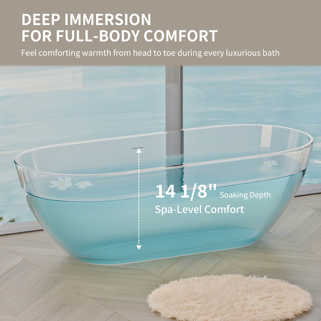 59" Freestanding Solid Surface Bathtub, Glossy White Man-Made Stone Resin Soaking Tub, Overflow & Drain