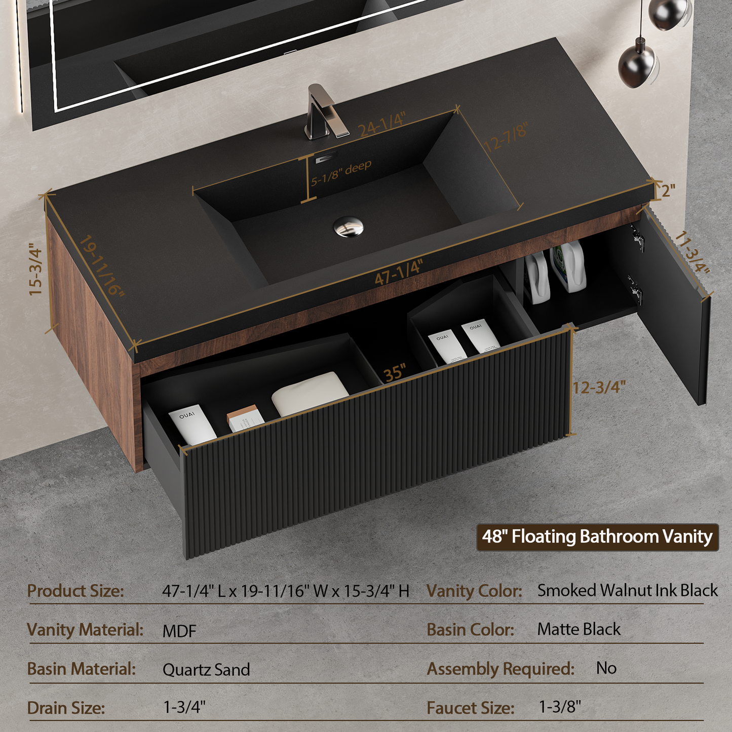 48" Liner - Floating Bathroom Vanity Smoked Walnut & lnk Black
