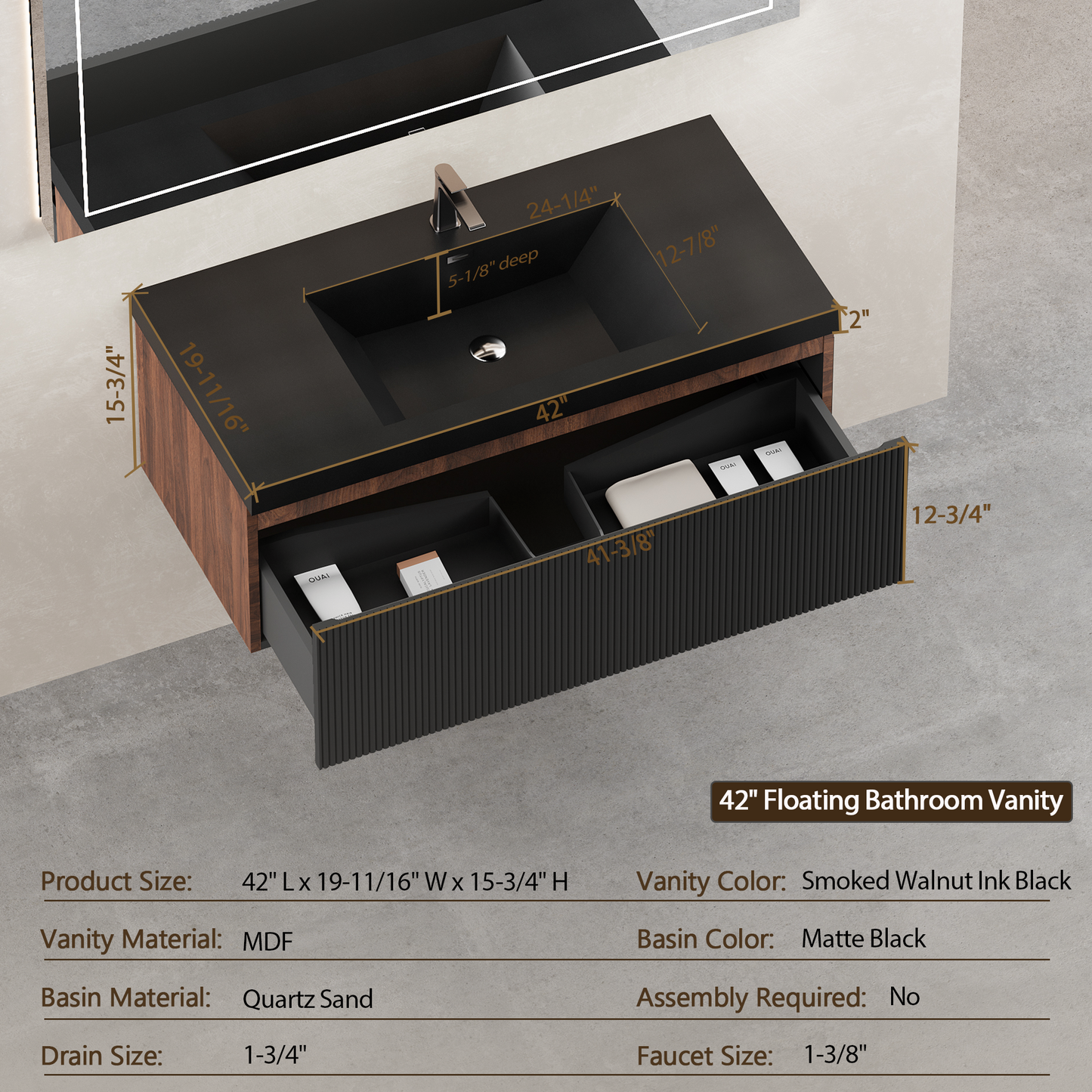 42" Liner - Floating Bathroom Vanity Smoked Walnut & lnk Black