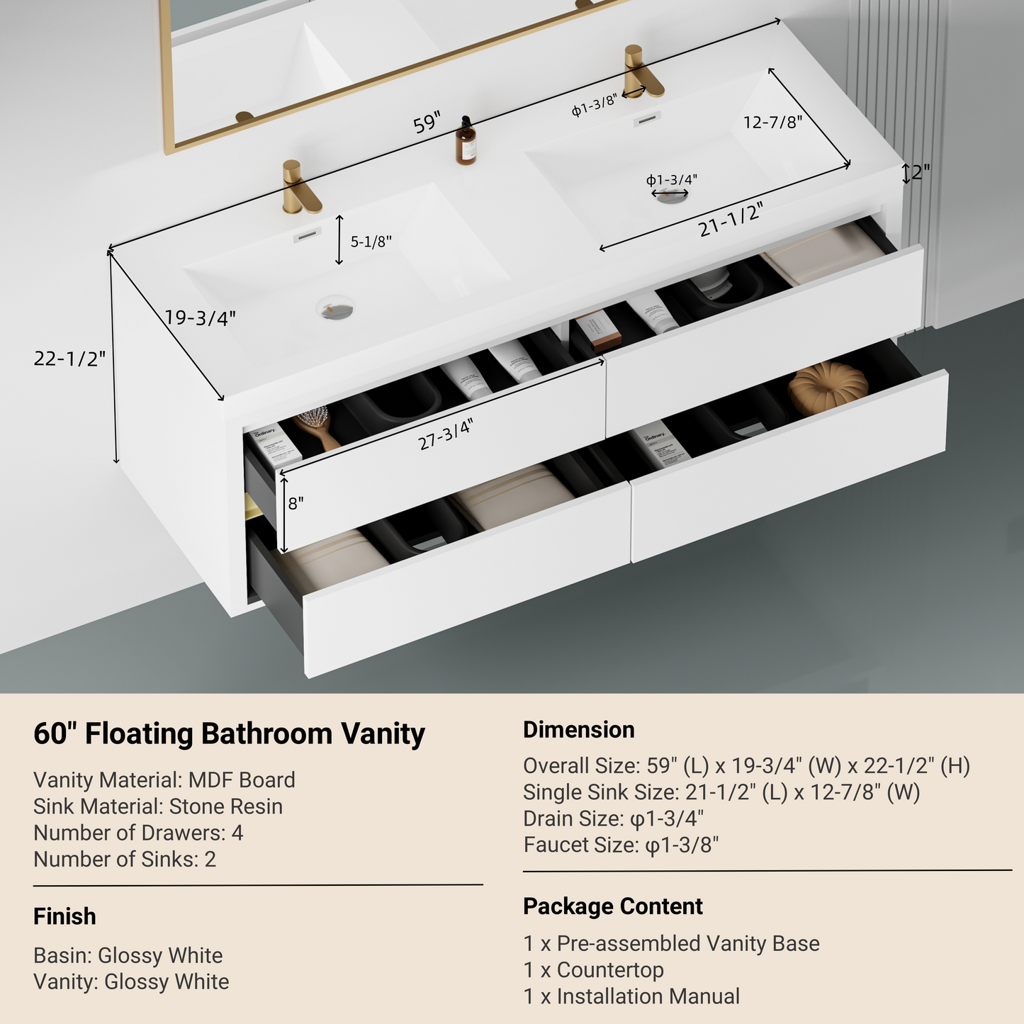 60" Aurelia - Floating Bathroom Vanity Glossy White