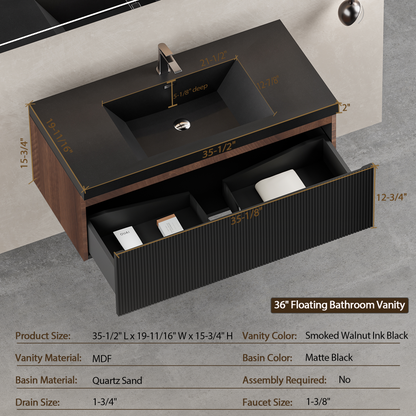 36" Liner - Floating Bathroom Vanity Smoked Walnut & lnk Black