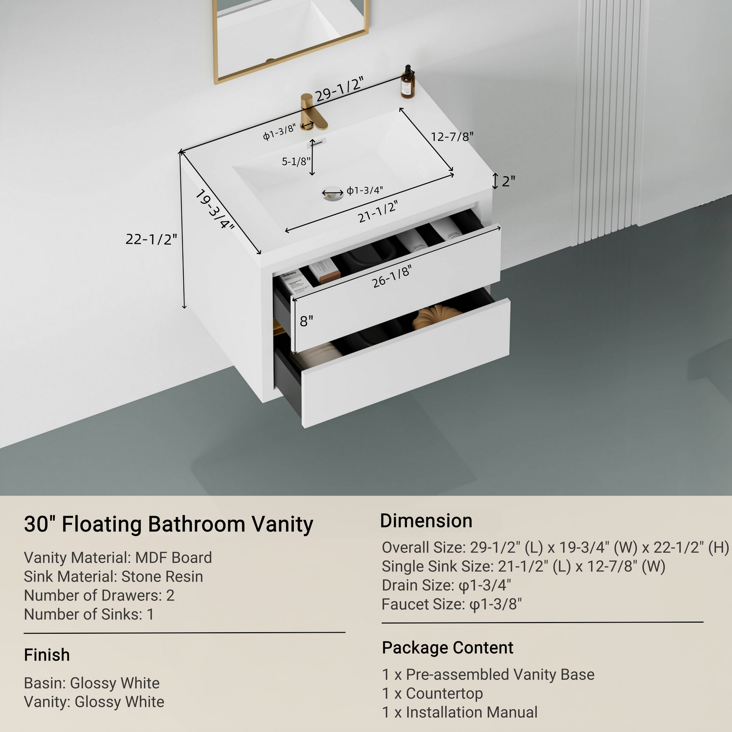 30" Aurelia - Floating Bathroom Vanity Glossy White