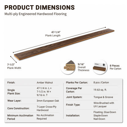 9/16" T x 7-1/2" W Multilayer Engineered Flooring T&G (19.63 Sq. Ft.), Amber Walnut F01-AW
