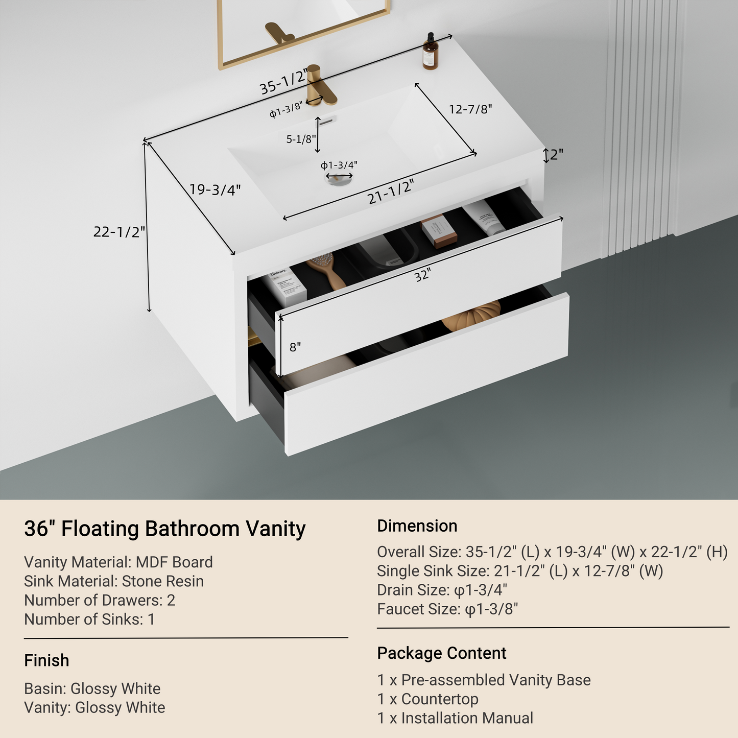 36" Aurelia - Floating Bathroom Vanity Glossy White