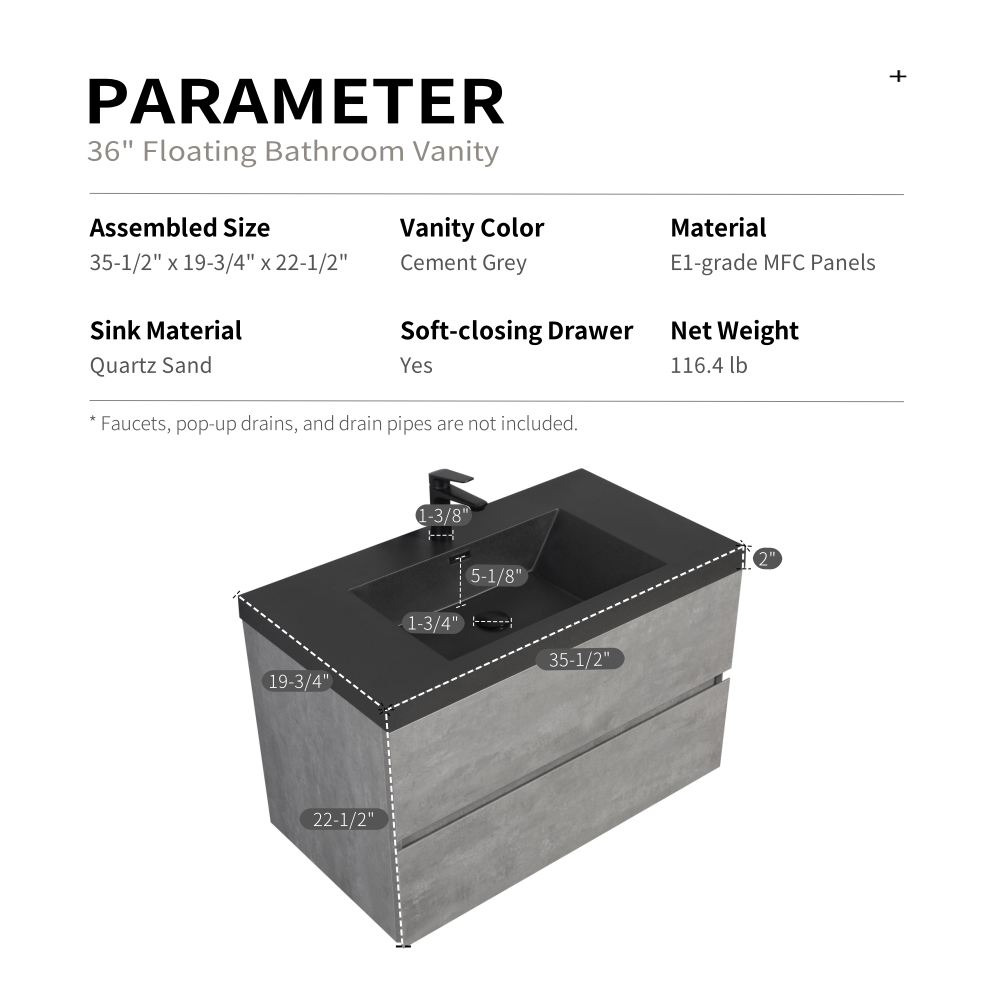 36" Edi - Modern Wall-mounted Bathroom Vanity