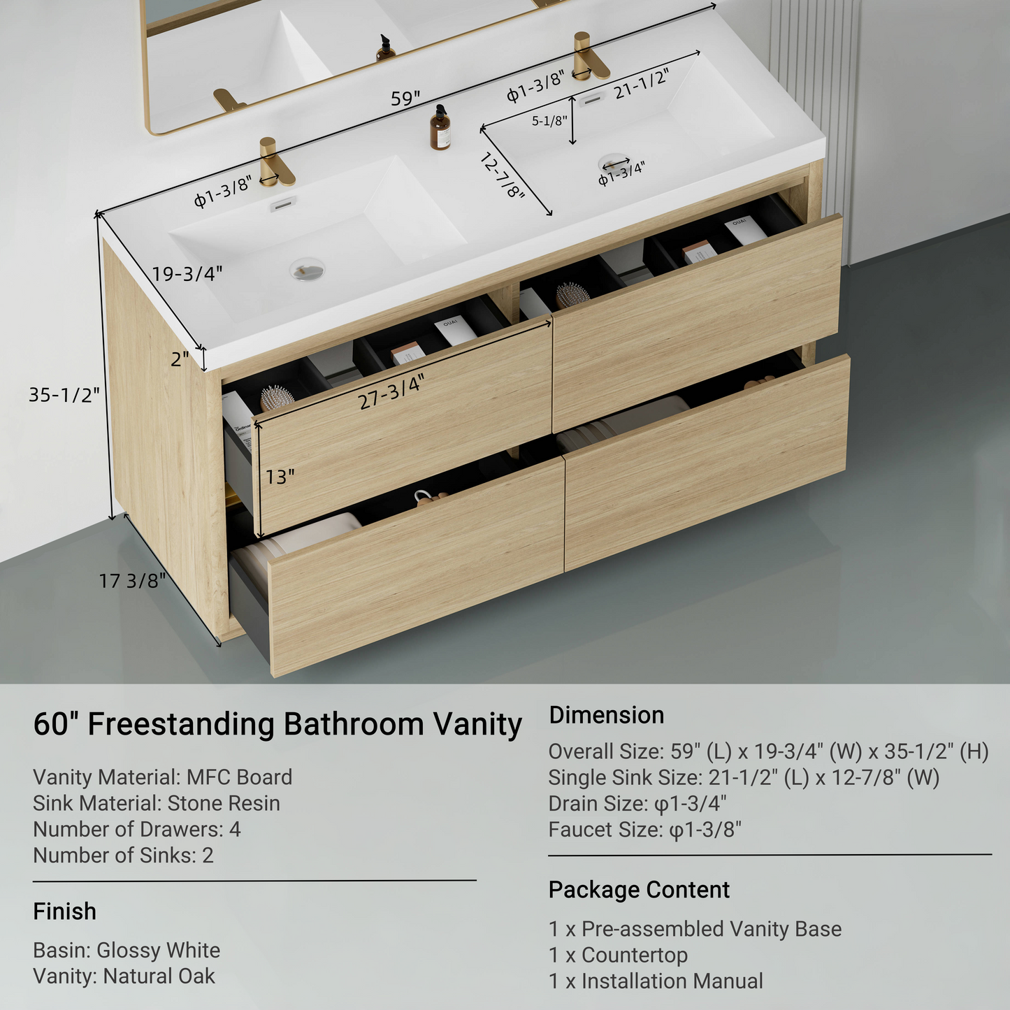 60" Aurelia - Freestanding Bathroom Vanity Natural Oak