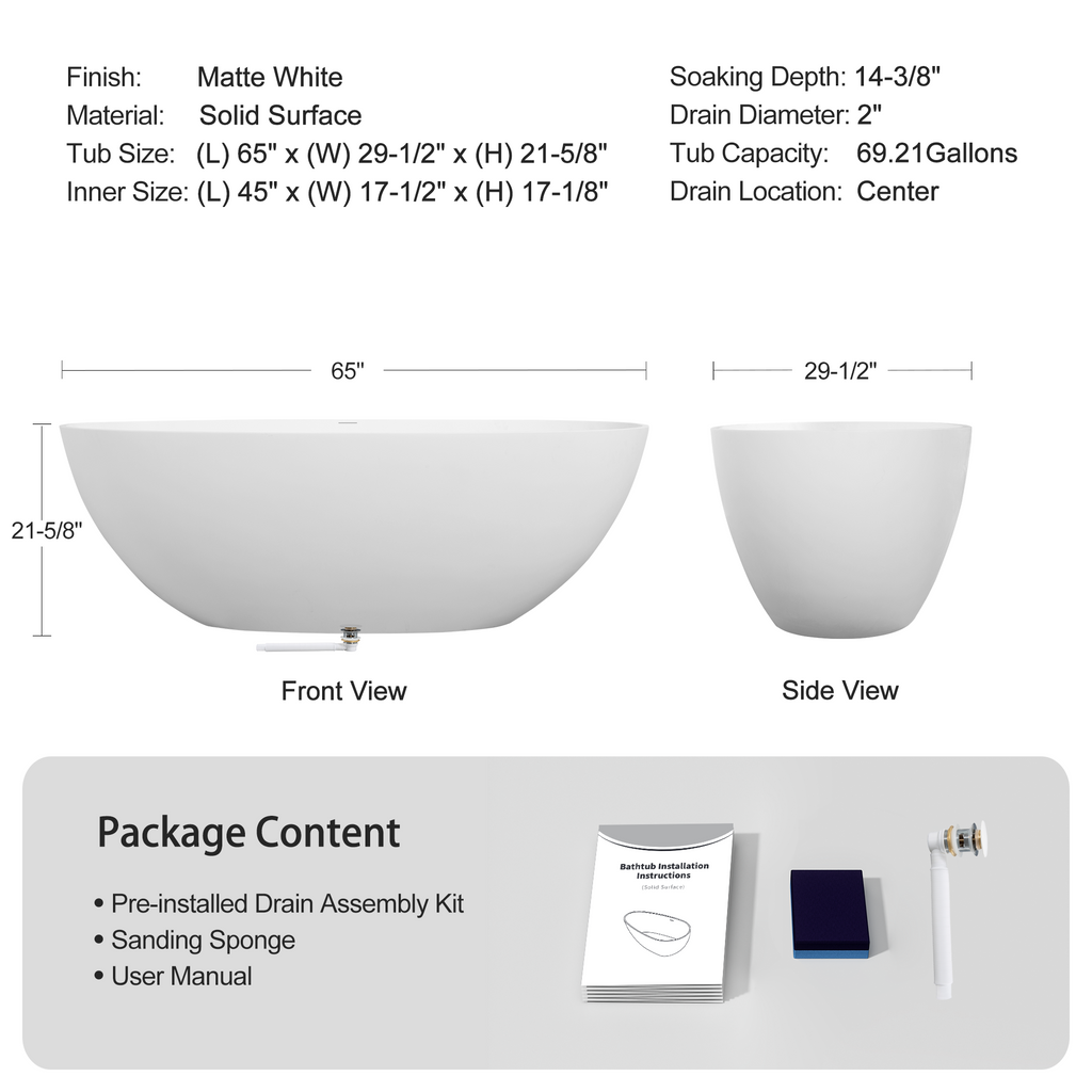 65" Freestanding Solid Surface Bathtub, Luxury Stone Resin Soaking Tub, Overflow & Drain, Matte White