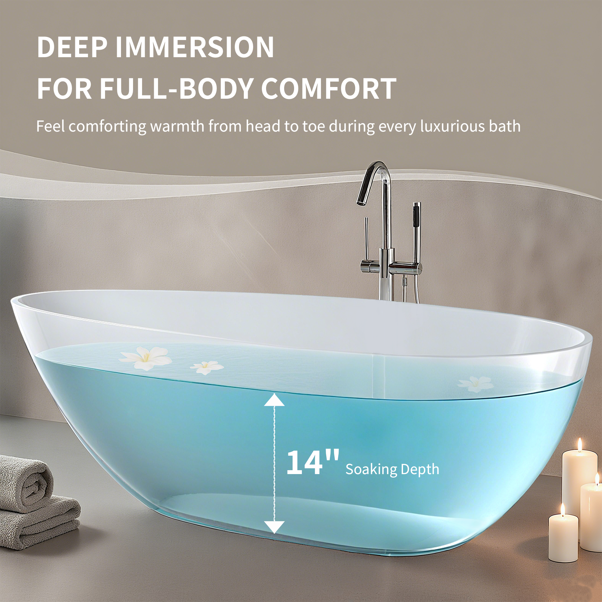 59" Freestanding Solid Surface Bathtub, Luxury Stone Resin Soaking Tub, Overflow & Drain, Matte White