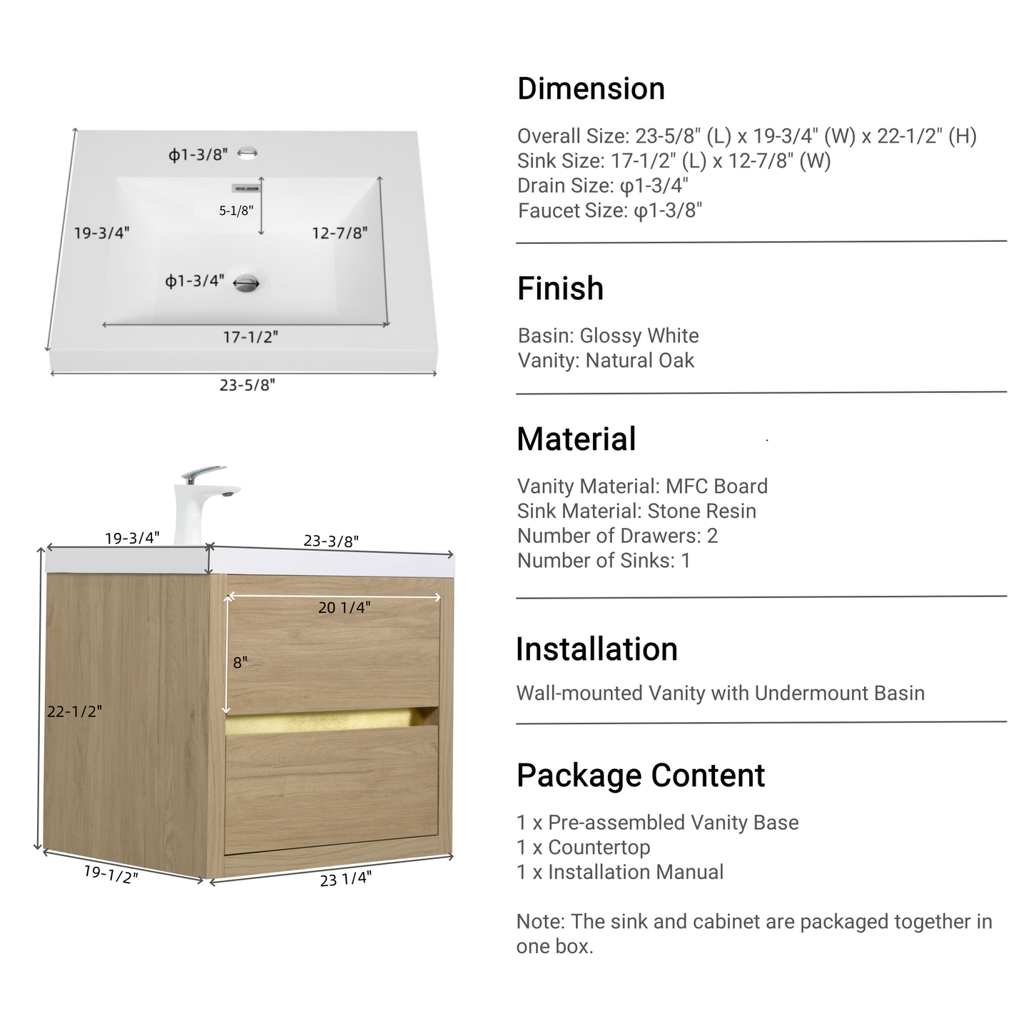 24" Aurelia - Floating Bathroom Vanity Natural Oak
