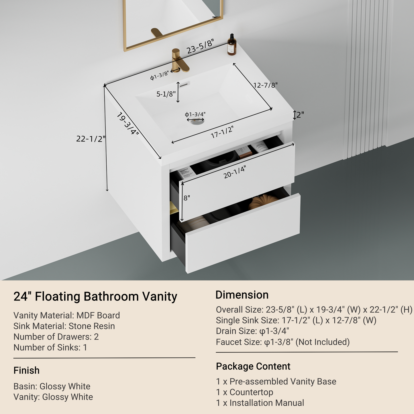 24" Aurelia - Floating Bathroom Vanity Glossy White