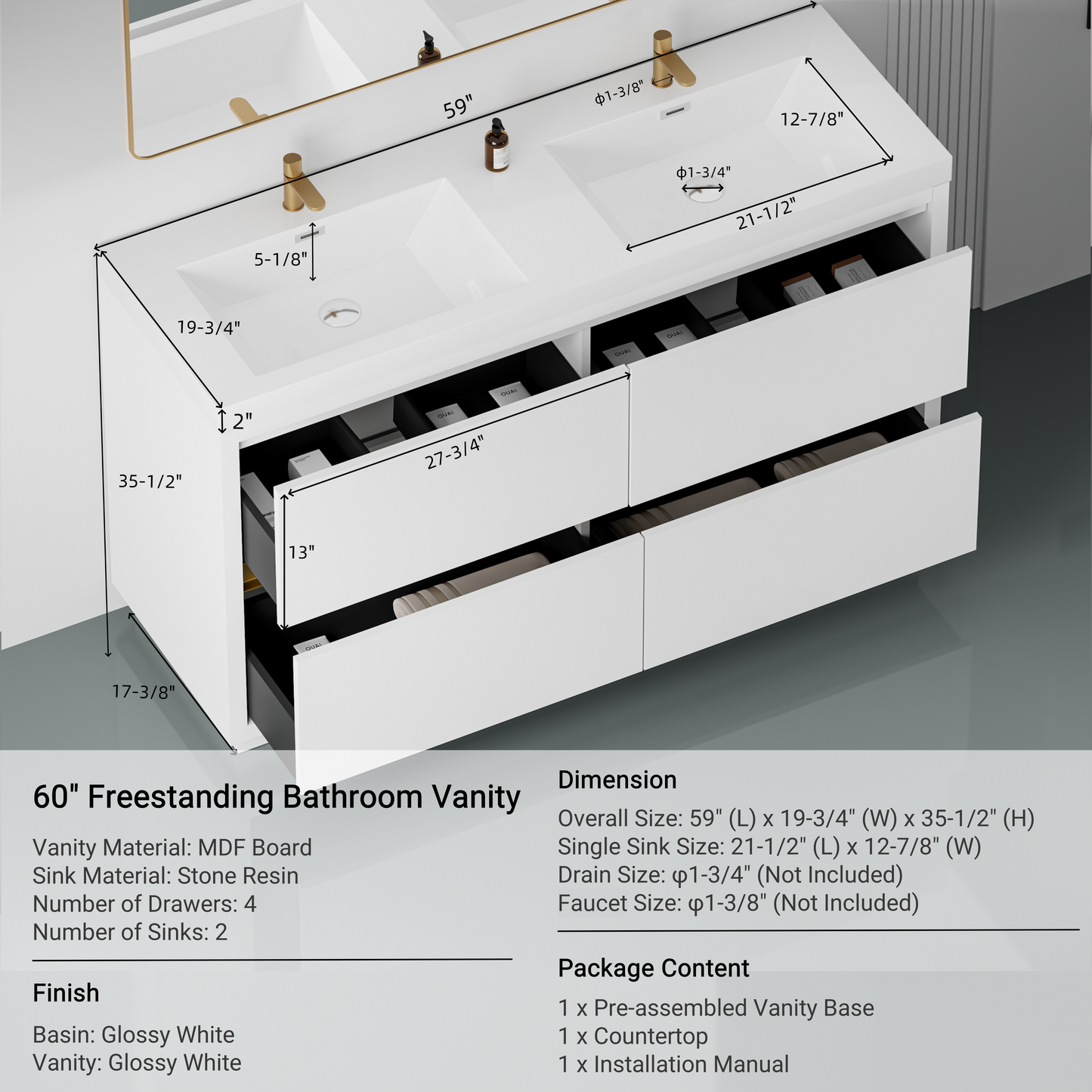 60" Aurelia - Freestanding Bathroom Vanity Glossy White
