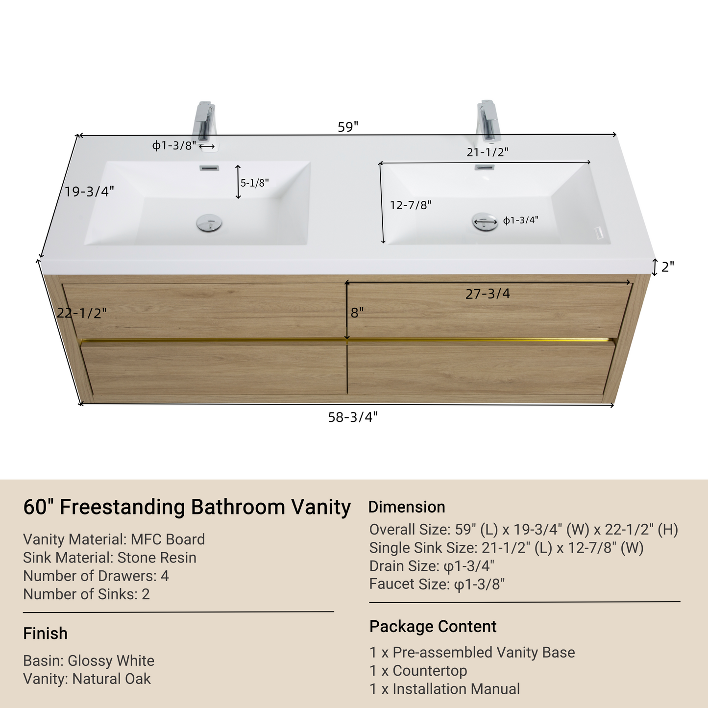 60" Aurelia - Floating Bathroom Vanity Natural Oak