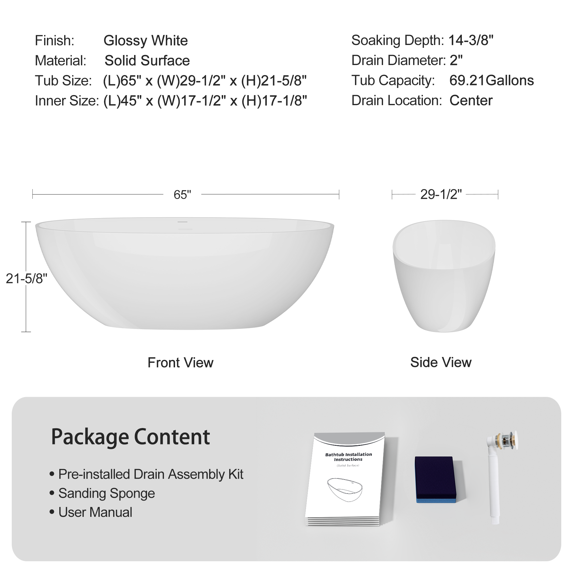 65" Freestanding Solid Surface Bathtub, Luxury Stone Resin Soaking Tub, Overflow & Drain, Glossy White