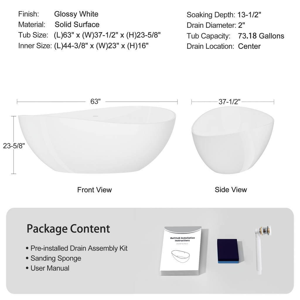 63" Freestanding Solid Surface Bathtub, Luxury Stone Resin Soaking Tub, Overflow & Drain, Glossy White