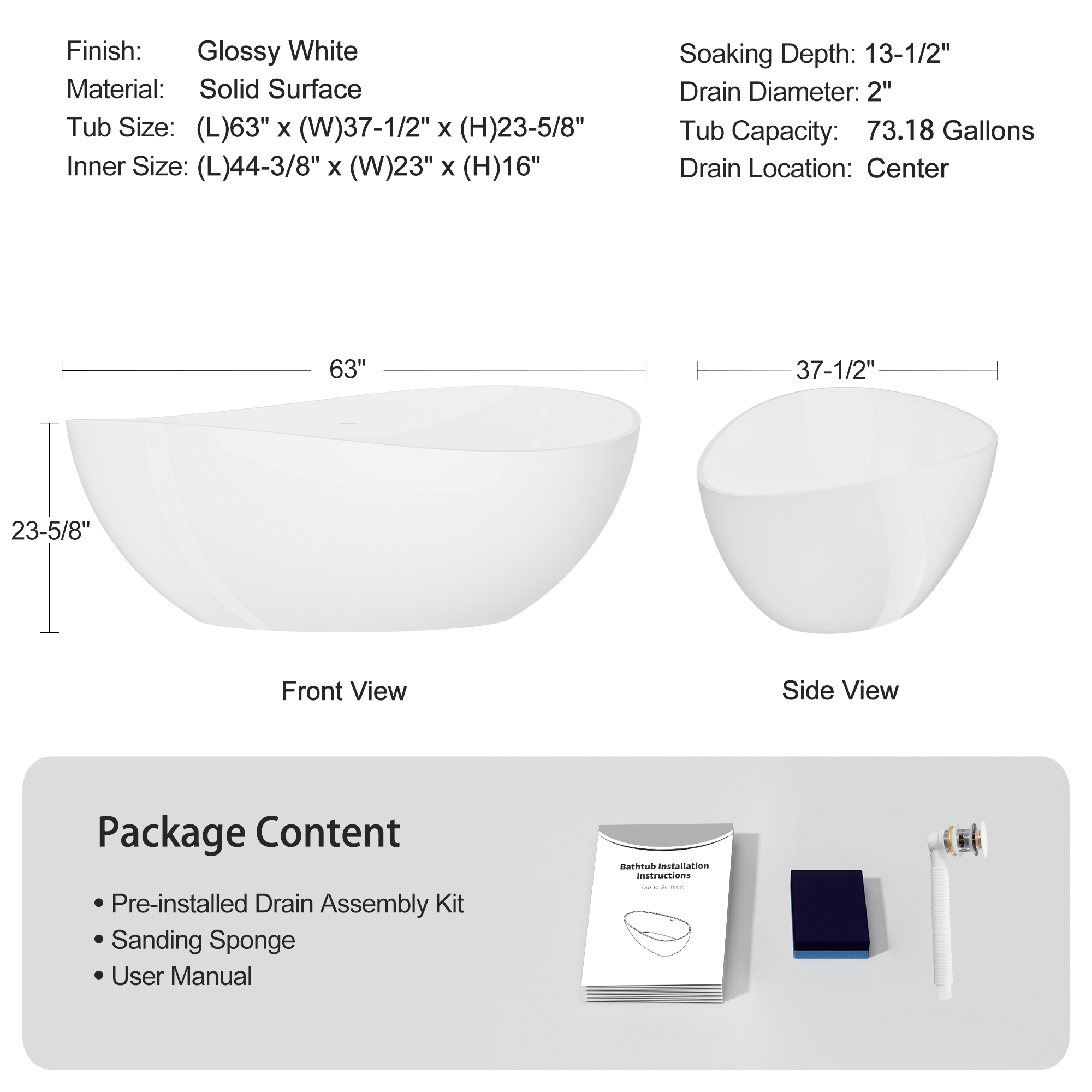 63" Freestanding Solid Surface Bathtub, Luxury Stone Resin Soaking Tub, Overflow & Drain, Glossy White