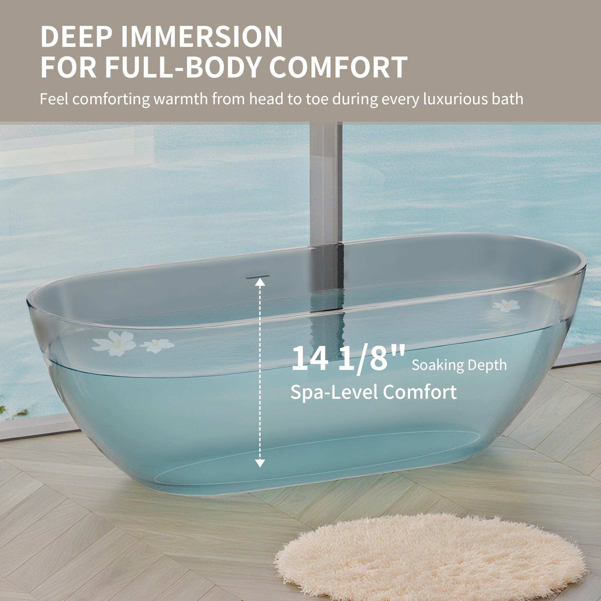 63" Freestanding Solid Surface Bathtub, Luxury Stone Resin Soaking Tub, Overflow & Drain, Matte Grey