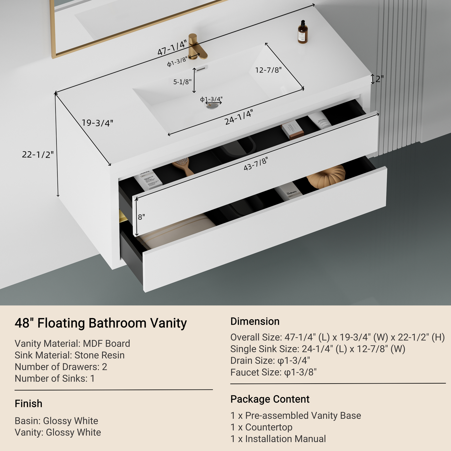 48" Aurelia - Floating Bathroom Vanity Glossy White