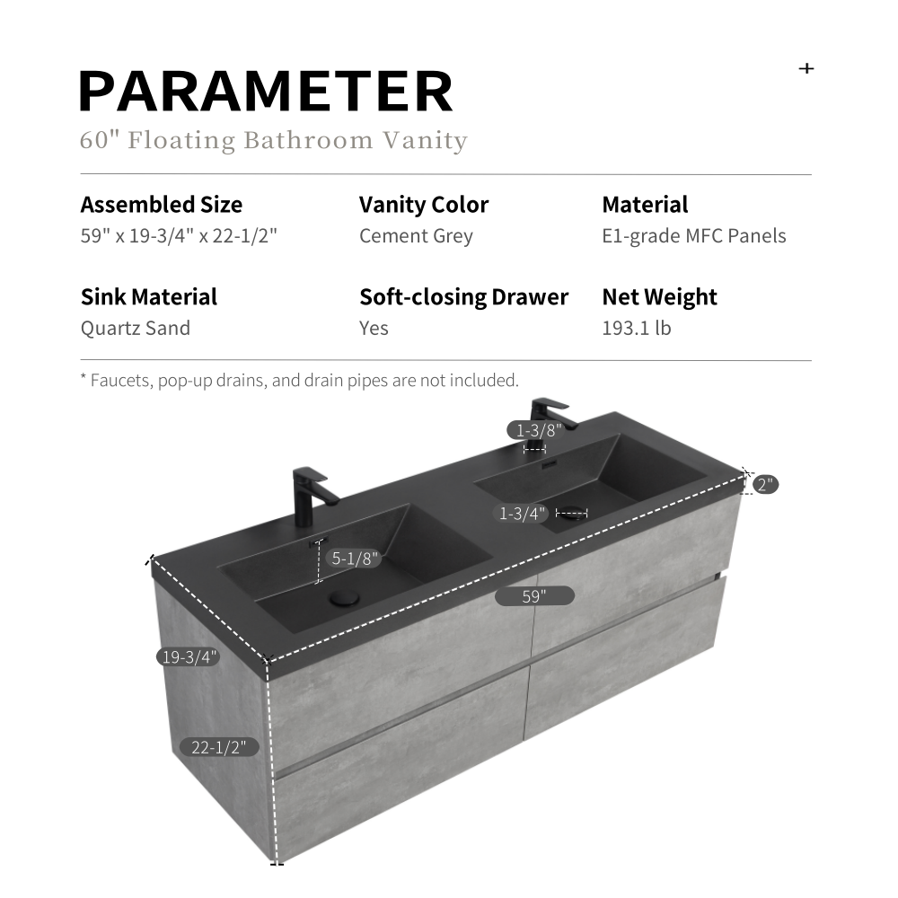 60" Edi - Modern Wall-mounted Bathroom Vanity