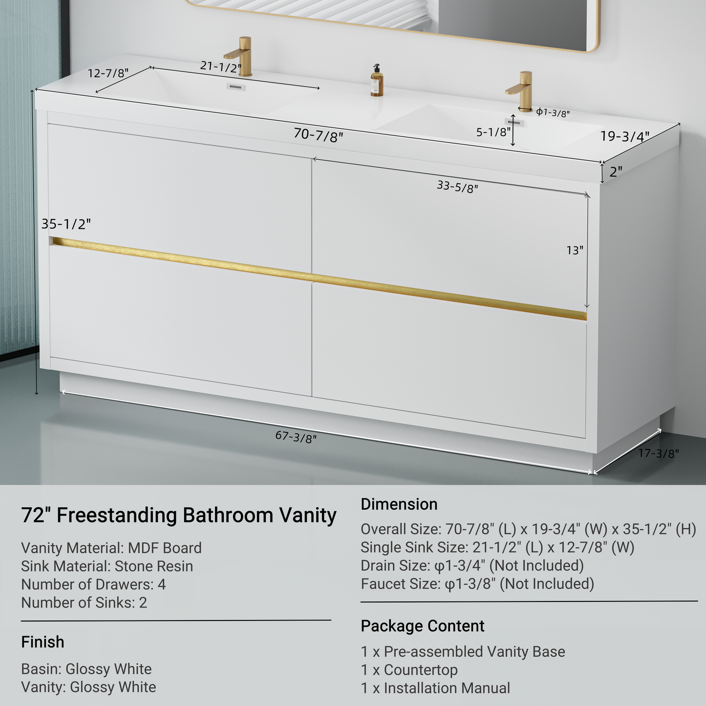 72" Aurelia - Freestanding Bathroom Vanity Glossy White
