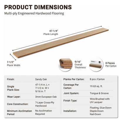 9/16" T x 7-1/2" W Multilayer Engineered Flooring T&G (19.63 Sq. Ft.), Sandy Oak F01-SO