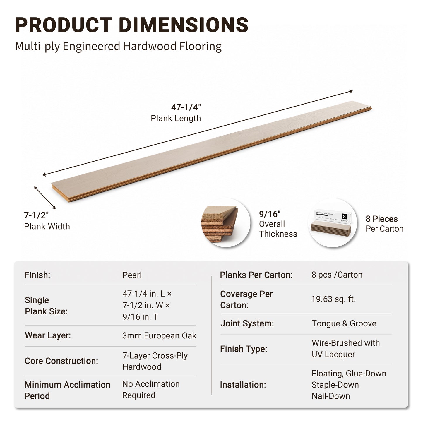 9/16" T x 7-1/2" W Multilayer Engineered Flooring T&G (19.63 Sq. Ft.), Pearl F01-PR