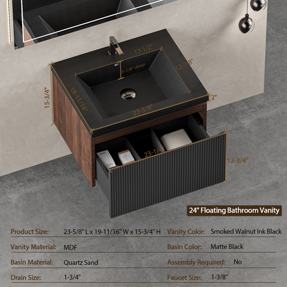 24" Liner - Floating Bathroom Vanity Smoked Walnut & lnk Black