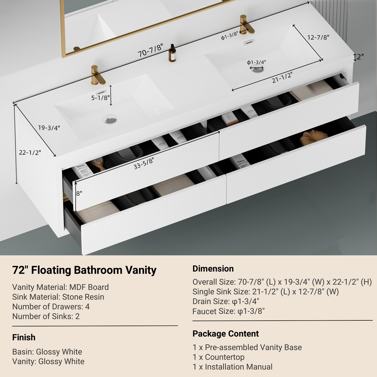 72" Aurelia - Floating Bathroom Vanity Glossy White