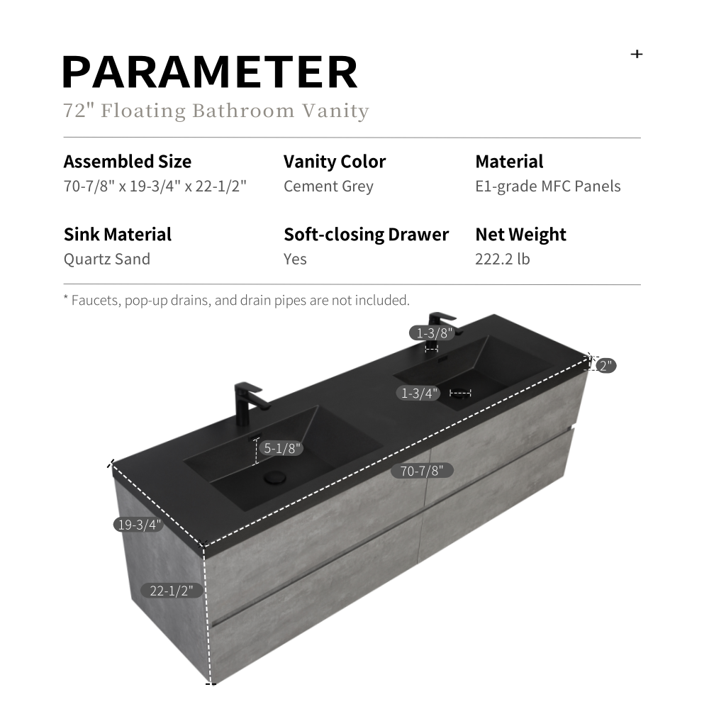 72" Edi - Modern Wall-mounted Bathroom Vanity