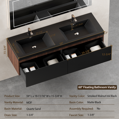 60" Liner - Floating Bathroom Vanity Integrated Double Basin Smoked Walnut & lnk Black