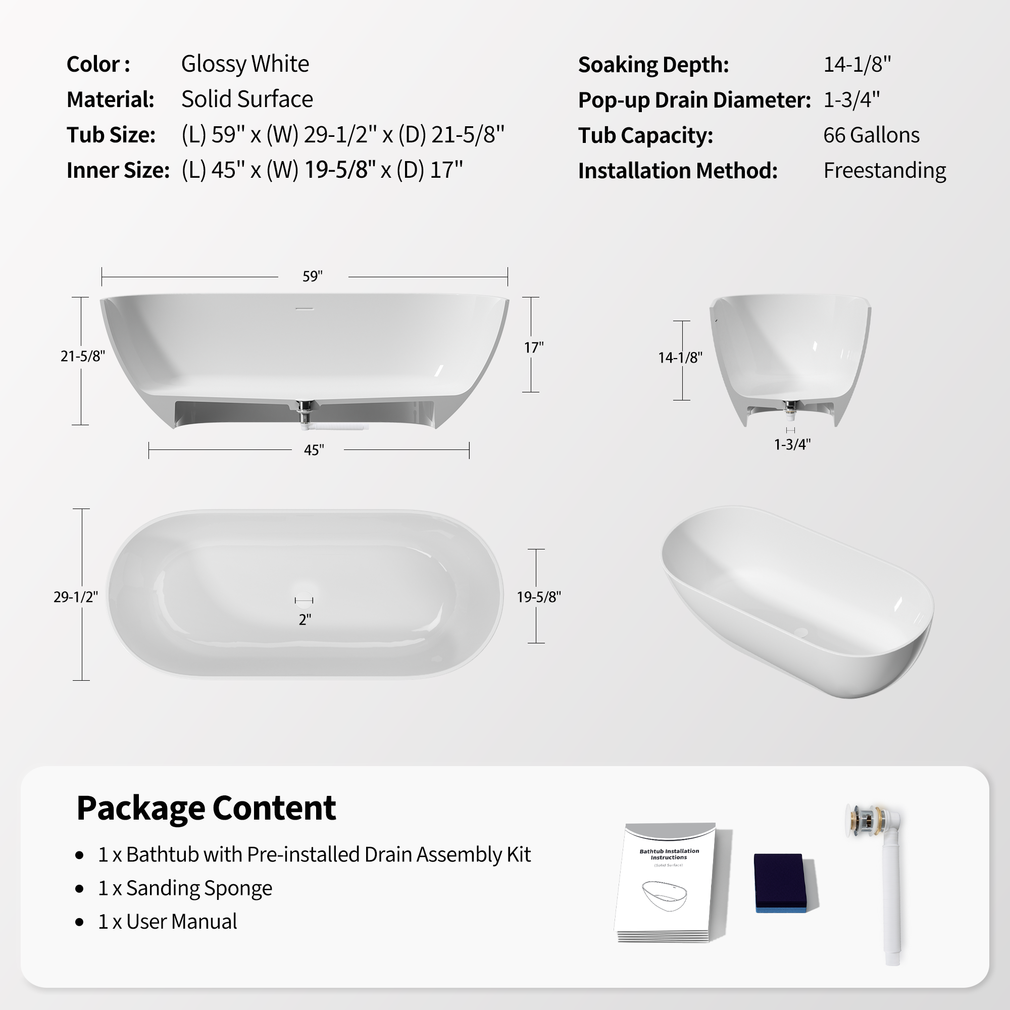 59" Freestanding Solid Surface Bathtub, Glossy White Man-Made Stone Resin Soaking Tub, Overflow & Drain