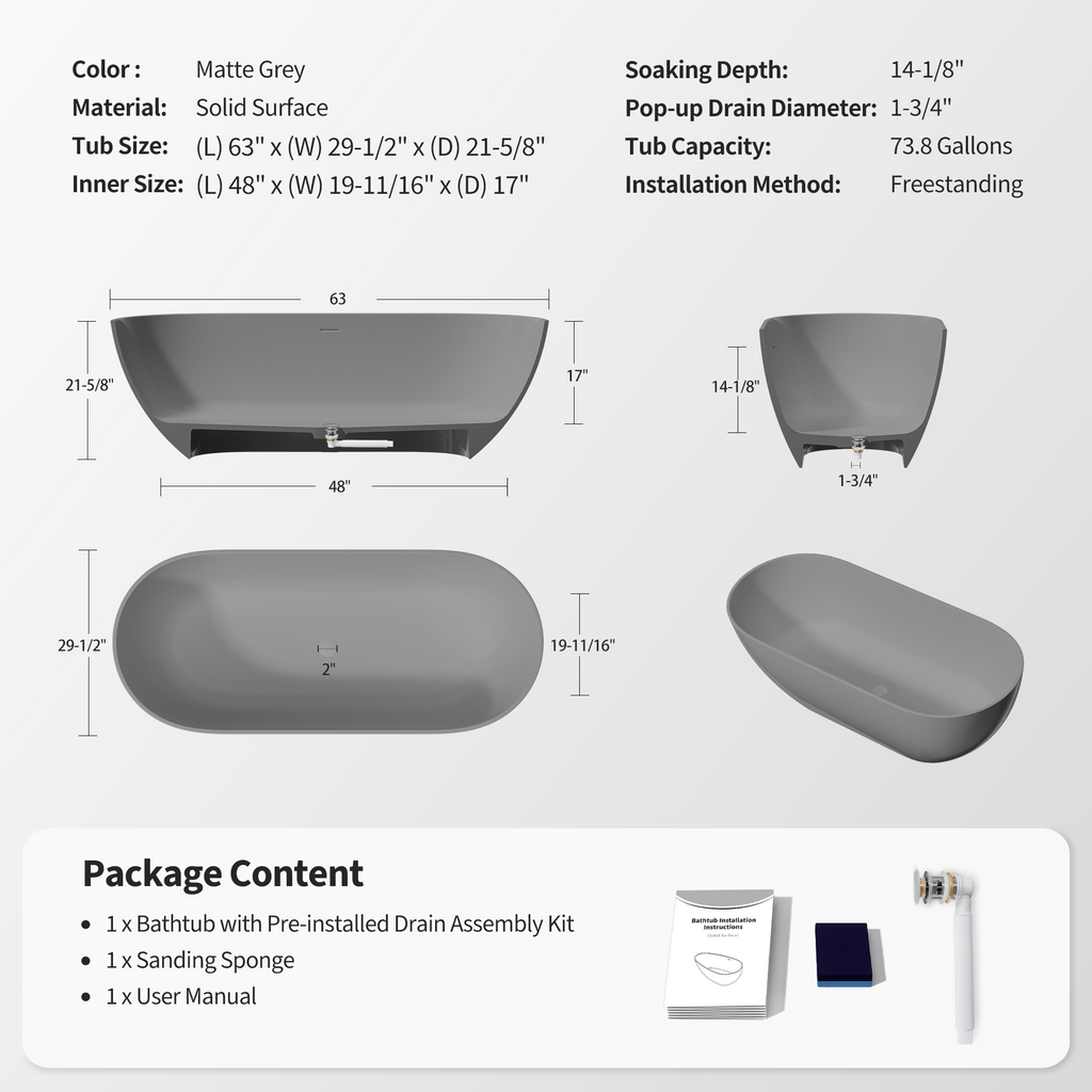 63" Freestanding Solid Surface Bathtub, Luxury Stone Resin Soaking Tub, Overflow & Drain, Matte Grey