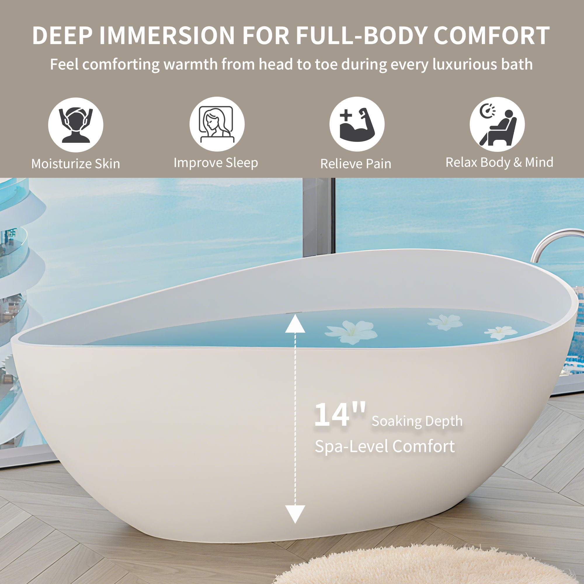 63" Freestanding Solid Surface Bathtub, Engineered Stone Resin Soaking Tub, Matte White