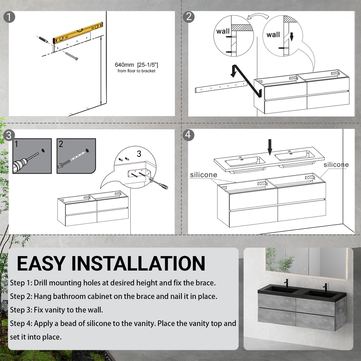 60" Edi - Modern Wall-mounted Bathroom Vanity