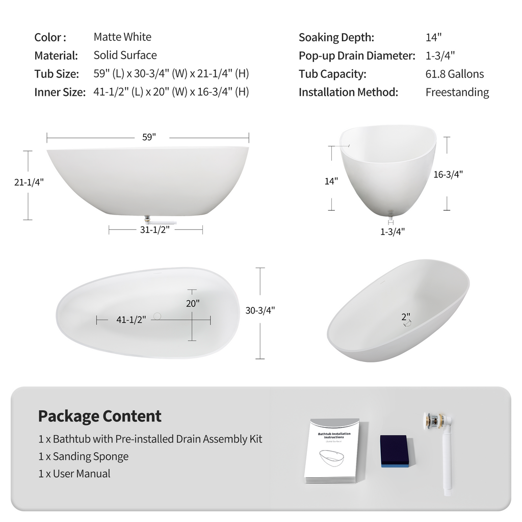 59" Freestanding Solid Surface Bathtub, Luxury Stone Resin Soaking Tub, Overflow & Drain, Matte White